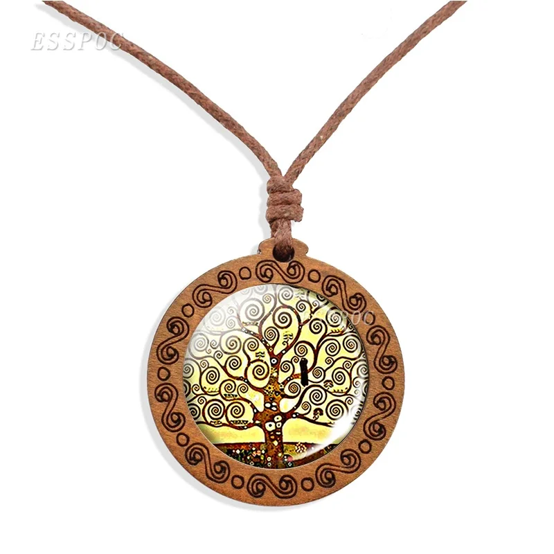 Tree of Life Wooden Necklace Cabochon Glass Wood Pendant Women Family Life Tree Art Jewelry Wax Rope Chain Necklaces Gift