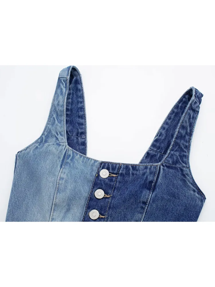 Women Fashion Front Button Patchwork Denim Tank Tops Sexy Backless Elastic Wide Straps Female Camis Mujer