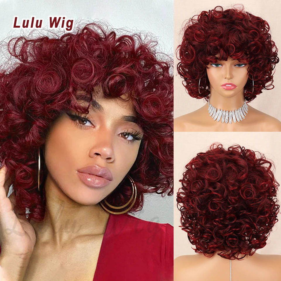 Short Curly Wigs for Black Women Soft Black to Red Big Curly Wig with Bangs Afro Loose Cute Curls Heat Resistant Synthetic Wig