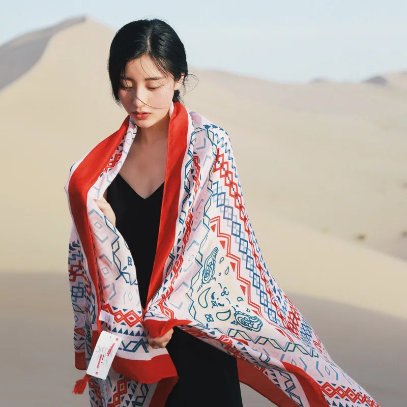 

Plus Size Linen Pashmina Women Sunscreen Scarf Shawls Ethnic Style Chal Thin Print Rhombic Plaid Echarpes Bufanda Beach Muffler