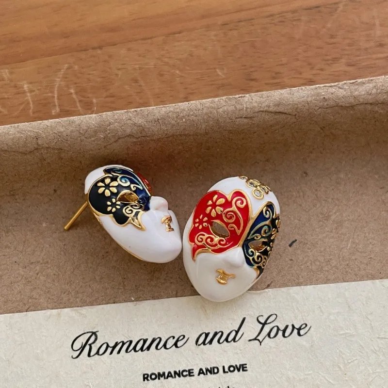 Pendientes de Diseño Único Minar con Esmalte Multicolor y Forma de Máscara Facial para Mujer, Joyería de Aleación Chapada en Oro Real