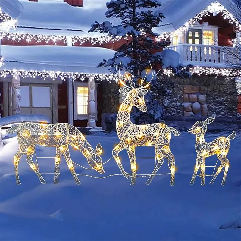 3Pcs Iron Art Elk Deer Christmas Garden Decoration With LED Light Glowing Glitter Reindeer Xmas Home Outdoor Yard Ornament Decor