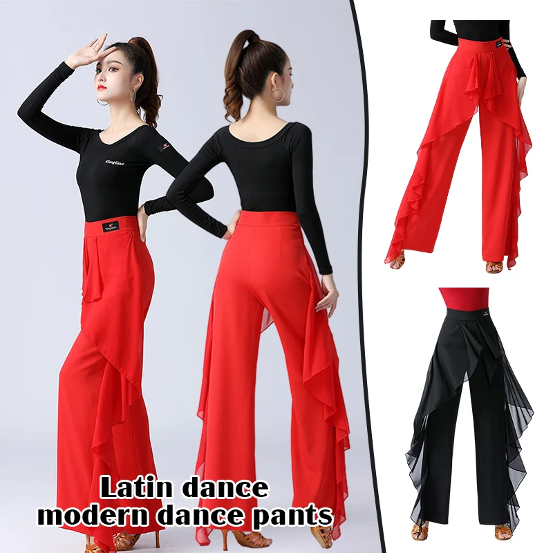 Pantalones de baile latino para mujer, pantalón de salón con flecos, cintura alta, pierna ancha con volantes, pantalones de rendimiento de práctica de baile moderno