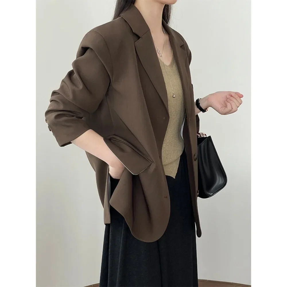 GALCAUR Solid Loose Spliced Single Button Fashion Blazers for Women Notched Long Sleeve Patchwork Pocket Coat Female Temperament