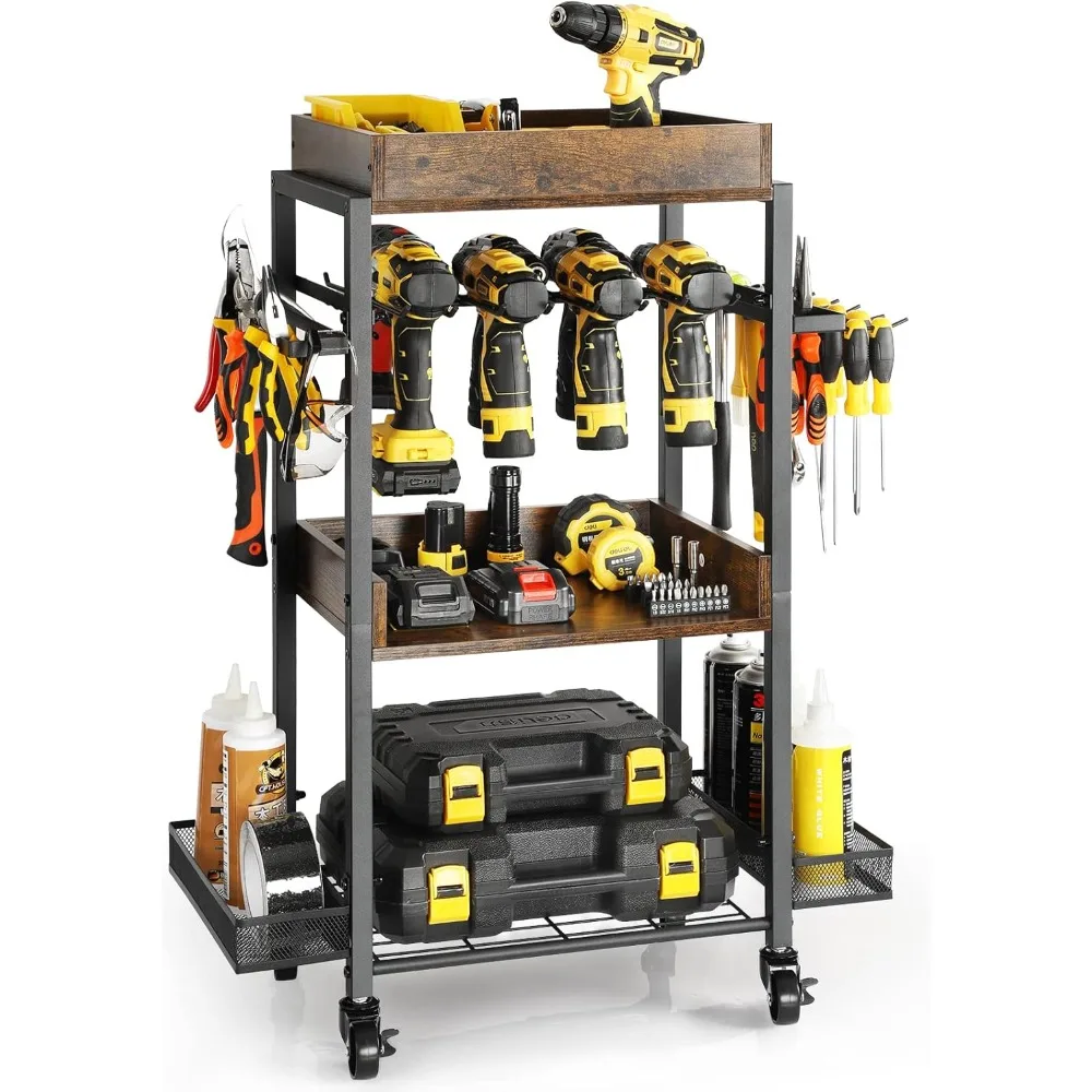 

Garage Storage Solutions: Rolling Tool Cart with Adjustable Shelves, Drill Rack, and Open Chest Cabinet for Power Tools Organiza