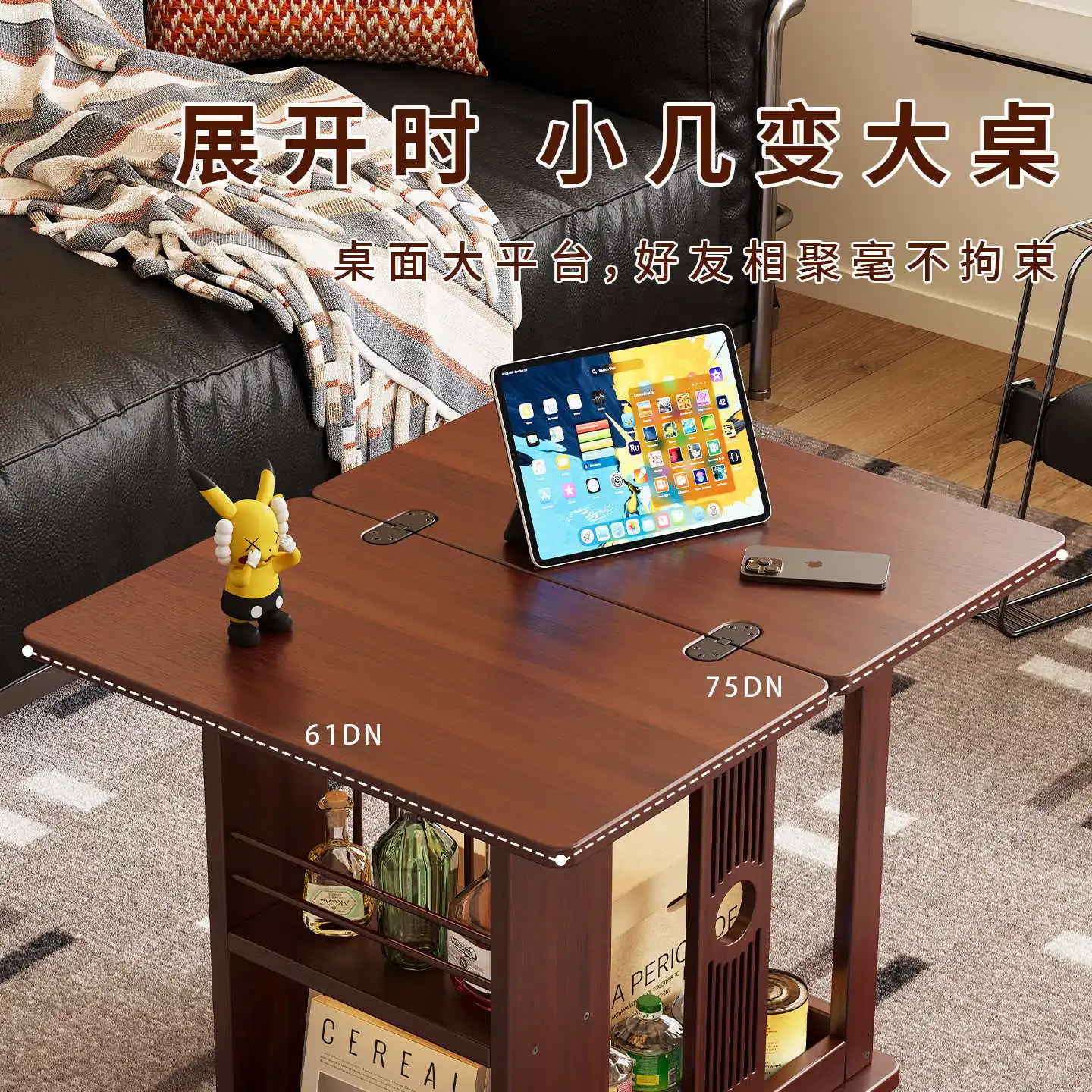 Medieval style full bamboo coffee table foldable trolley with wheels to move living room household sofa small apartment storage