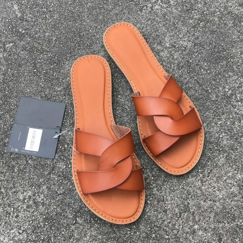 2024 Women\'s Fahion Design Summer Beach Shoes Leather Sandals Interlocking Surface Slip on Cool Female Slides Large Size 37-41