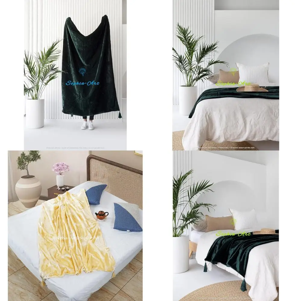 

Luxury Crushed Velvet Throw Blanket with Tassels - Soft Sofa Bed Warm Boho Cozy Plush Lightweight Pet-Friendly