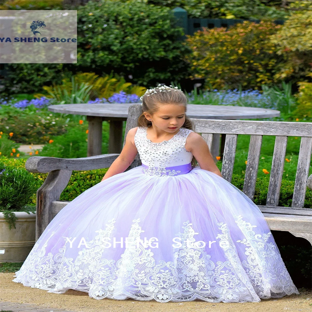 

Lavender Flower Dresses Sleeveless Jewel Neck Lace Appliques Ball Gown Long Girls Pageant Kids Brithsday Gowns