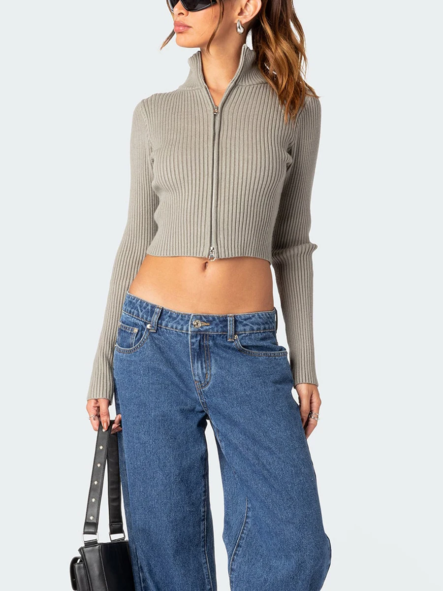 

Women s Zip Up Cropped Sweater Long Sleeve V Neck Shirt Stand Collar Fall Ribbed Knit Slim Fitted Pullover Jumper Tops