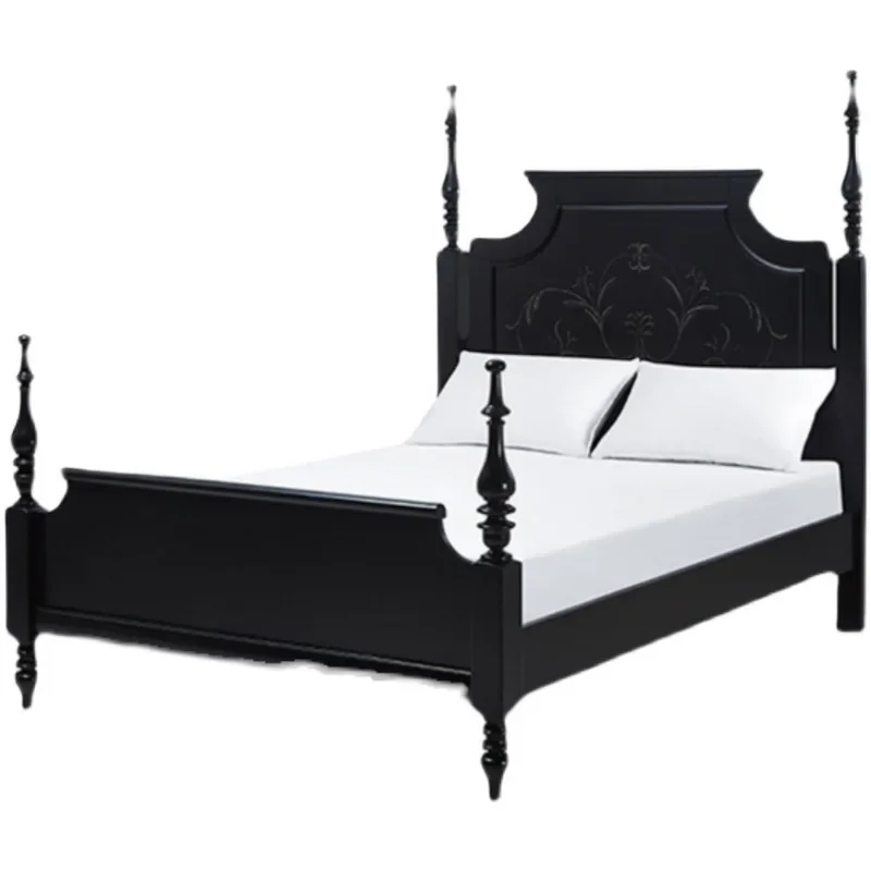 

American country solid wood oak carving hand-painted flower bed, French retro old luxury villa furniture