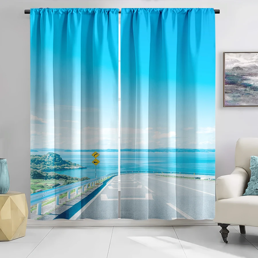 2PCS Seaside Coastal Highway Scenic Print Curtains Floral Window Treatment Applicable to Print Curtains for Home Decor