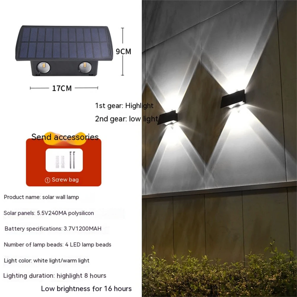 Настенная лампа на солнечной батарее, Водонепроницаемая IP65 уличная лампа с 2 регулируемыми уровнями, для забора, Walkway, двора, сада, крыльца