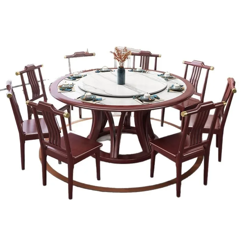 

New Chinese rock slab dining table round table with turntable household round table