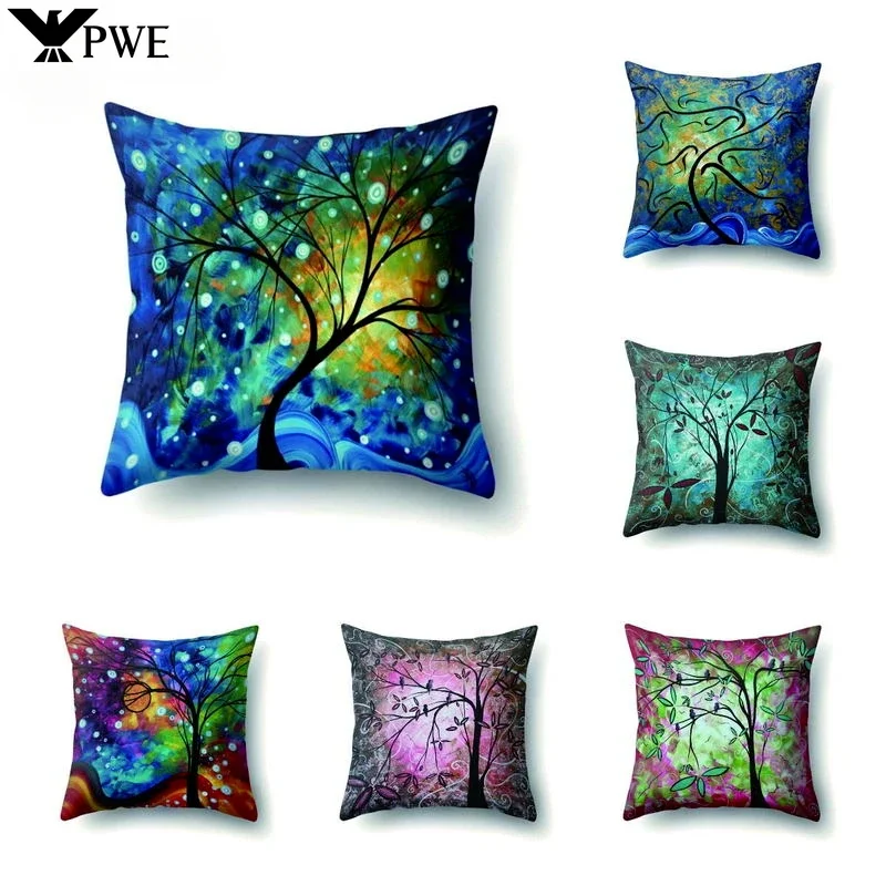 Retro Village Pillow Case Modern Home Decorative Trees and Flowers Pillowcase for Living Room Soft Cushion Pillow Cover 45x45cm