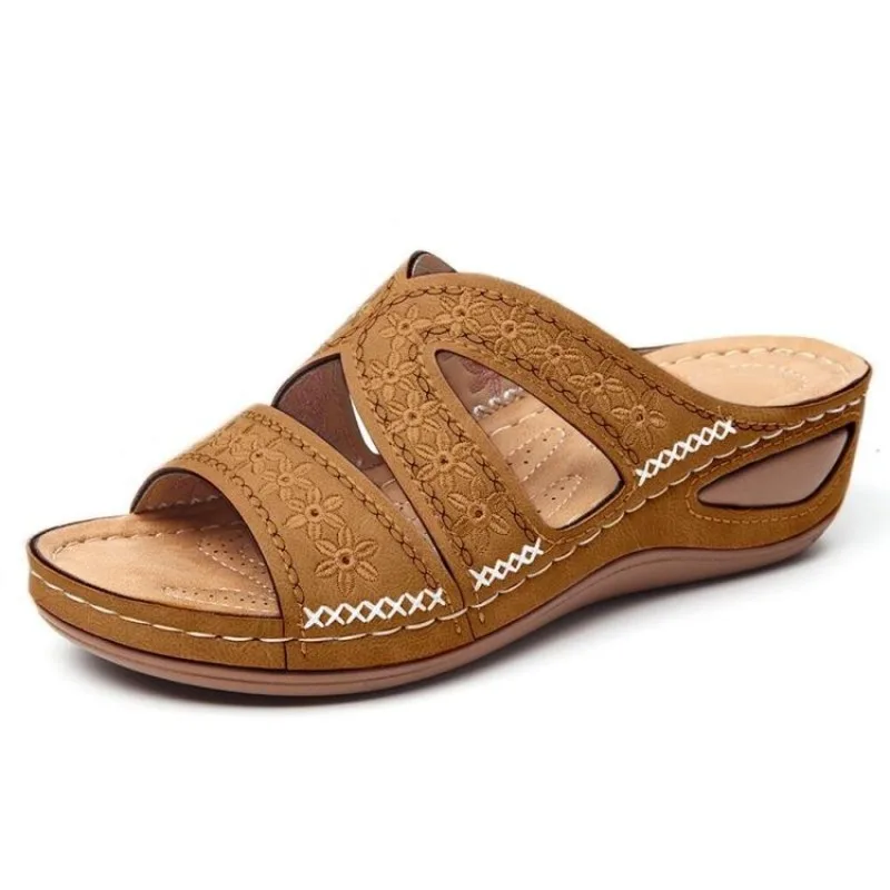 Sandales d'été pour femmes antidérapantes, orthopédiques haut de gamme, à bout ouvert, en cuir ajouré, style rétro, à talons compensés et plateforme