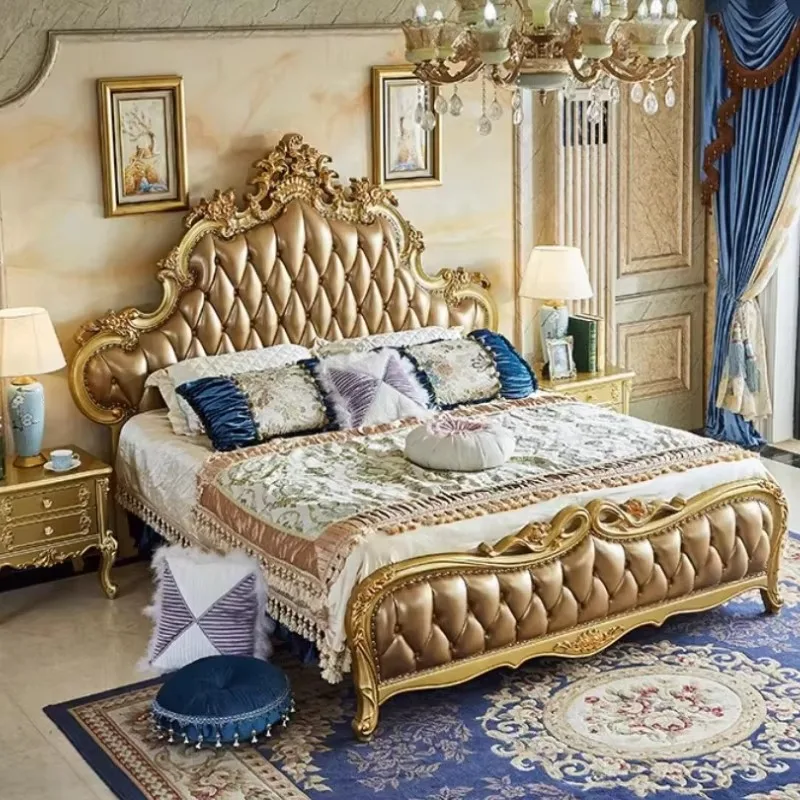European Gold King Size Bed Princess Luxury Leather Bed Modern Villa Cama Matrimonial Bedroom Furniture