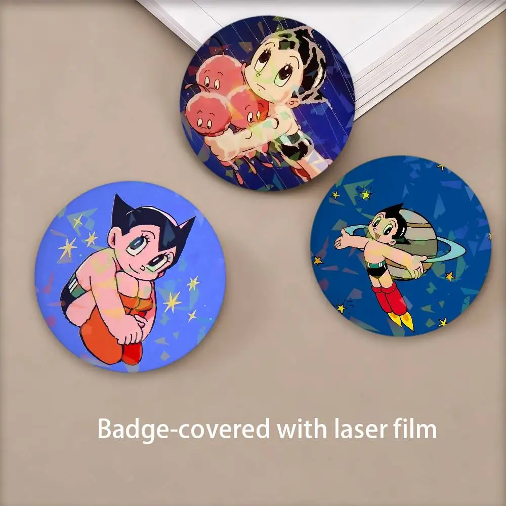 Cartoon A-AstRO-O B-BoY-Y Kawaii Round Badge Lapel Pins for Backpacks Briefcase Laser Brooch Clothes Gifts
