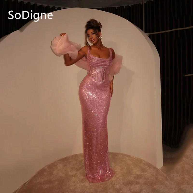 

SoDigne Pink Sheen Evening Dresses Mermaid Spaghetii Strap Floor-Length Party Dress Square Collar Pleat Prom Gowns Customized