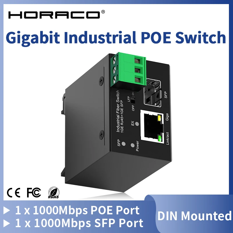 

HORACO Industrial POE Switch 1 Gigabit RJ45 Port 1 Gigabit SFP Port with DIN Rail BT90W POE Output Plug and Play