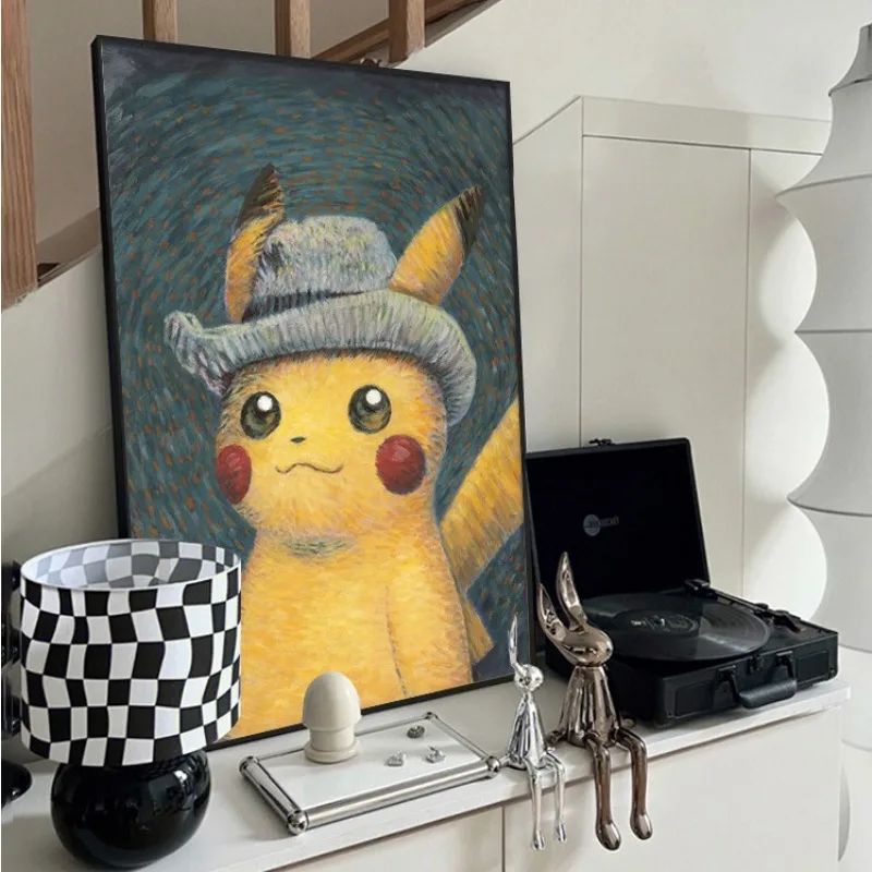 1 pieza de lienzo sin marco con diseño de Pokémon, serie Van Gogh Pikachu y Scream, arte en lienzo sin marco, póster de lienzo decorativo para el hogar