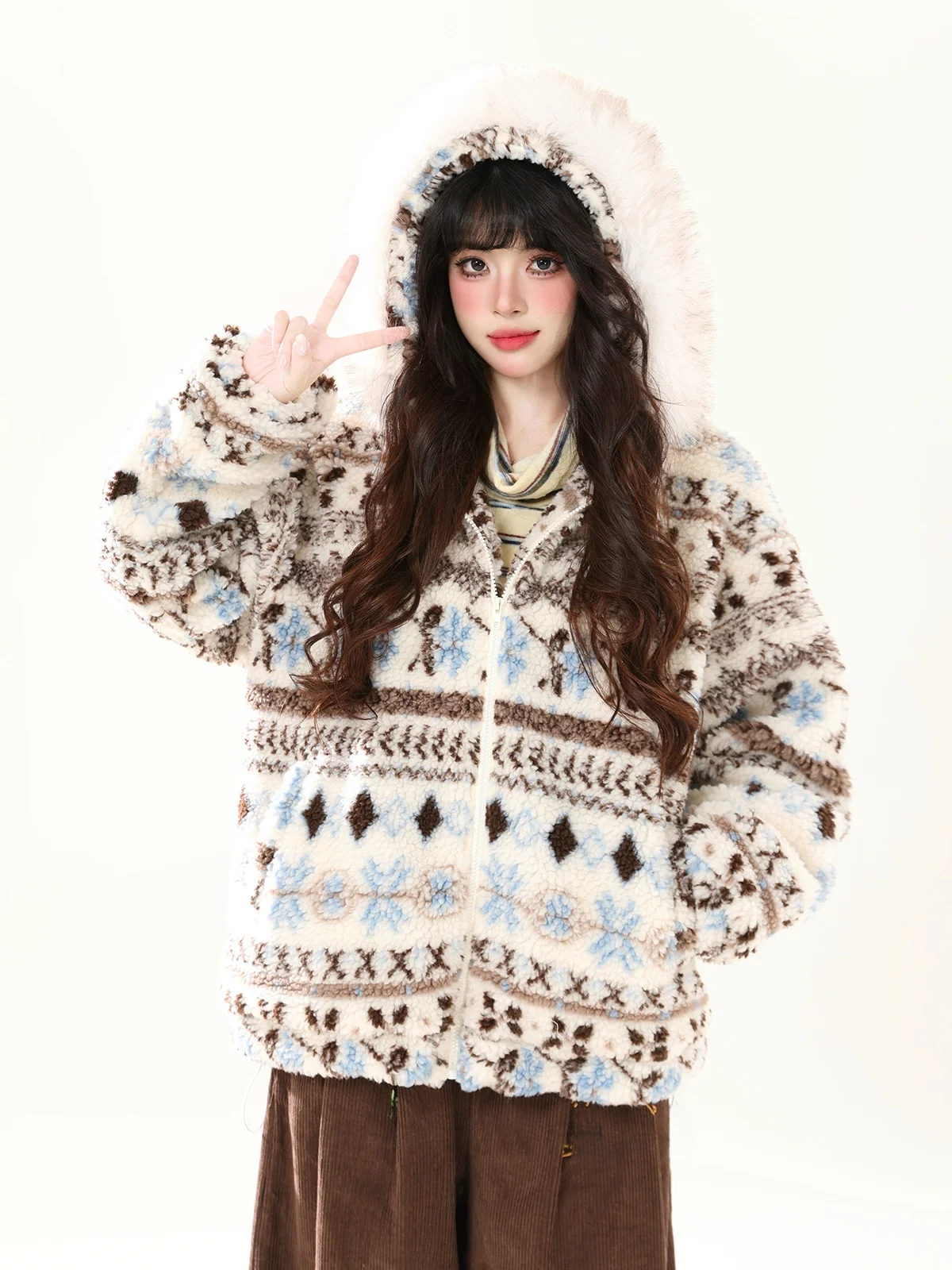 

ENJOG Women's Lamb Fur Coat Hooded Cisas Warm Cotton Jaet Loose Fit Vintage Winter Outerwear without Brand Registration