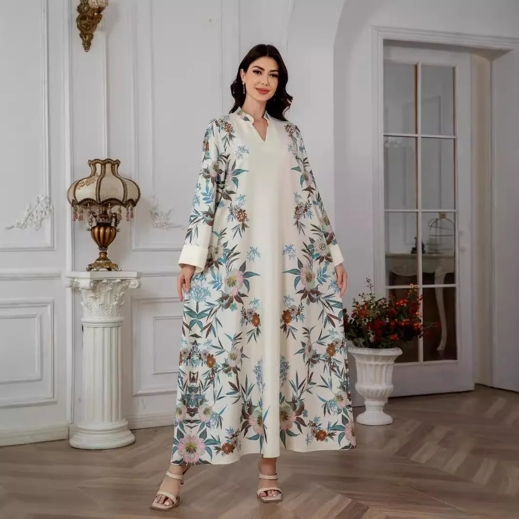

Middle East Muslim Women's Robe Dubai Fashion Printed Long Dress Fashion Simple Temperament Elegant Holiday Style High-end Banqu