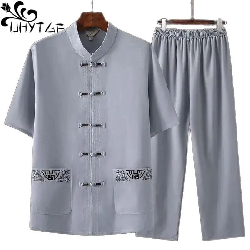 Traje Tang de manga corta para hombre, ropa de estilo chino, informal, camisa de lino de algodón y pantalones, conjunto de 2 piezas, 576