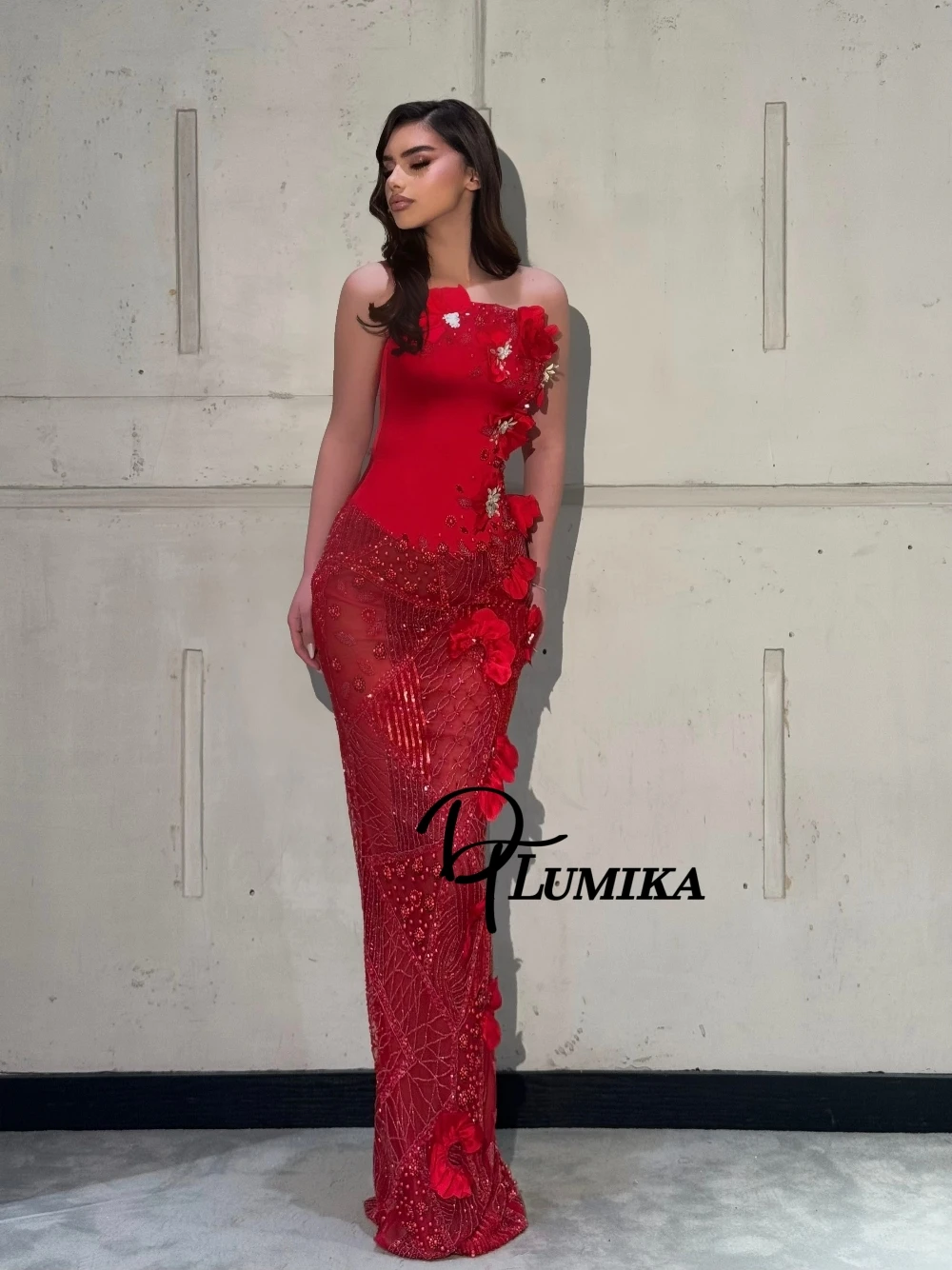 

Red Flowers Beaded Evening Dress Romantic Luxury Sequined Strapless Prom Gown Customized Modern Formal Banquet Women Wear