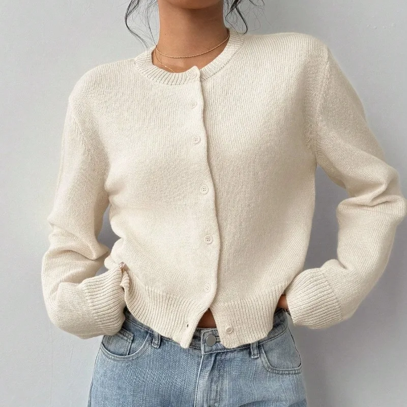 Women's Round Neck Knit Cardigan Autumn Single-Breasted Slim Fit Sweater American Style Casual Top Daily Office Wear