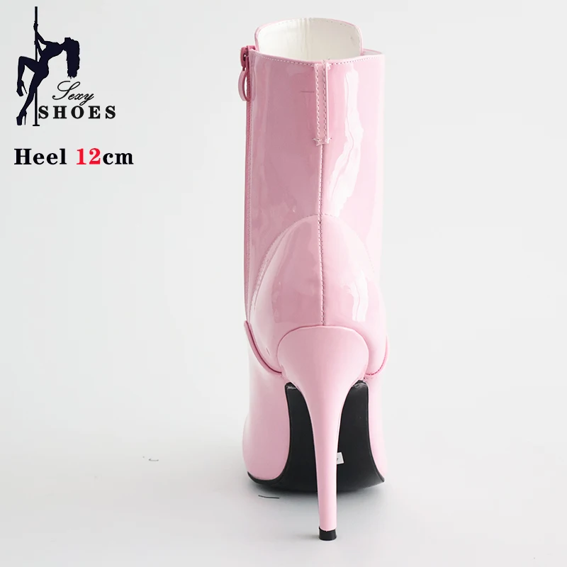 Cross-tied Pink Pointed Toe Ankle Boots 12cm Sexy Fetish Stripper Shoes Patent Leather ZIP Short Boots Women Heels Plus Size 46