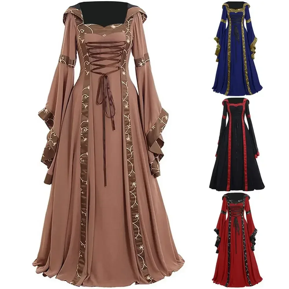 فستان طول الكلمة في القرون الوسطى للنساء ، طويلة الأكمام ، الدانتيل يصل ، زي هالوين