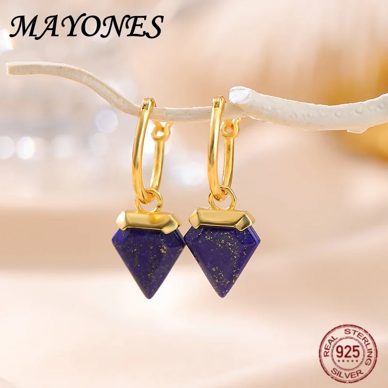 

S925 Pure Silver Gold-plated Lapis Lazuli Fashionable Temperament Triangle Earrings Retro French Light Luxury Earrings