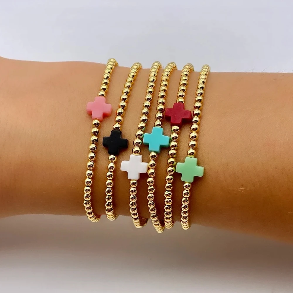 Vlen Kreuz-Charm-Armband für Frauen, stapelbarer Boho-Schmuck, wasserdicht, 18K vergoldet, Perlenarmband, verstellbar, Sommer-Strand-Geschenk – Detail 1