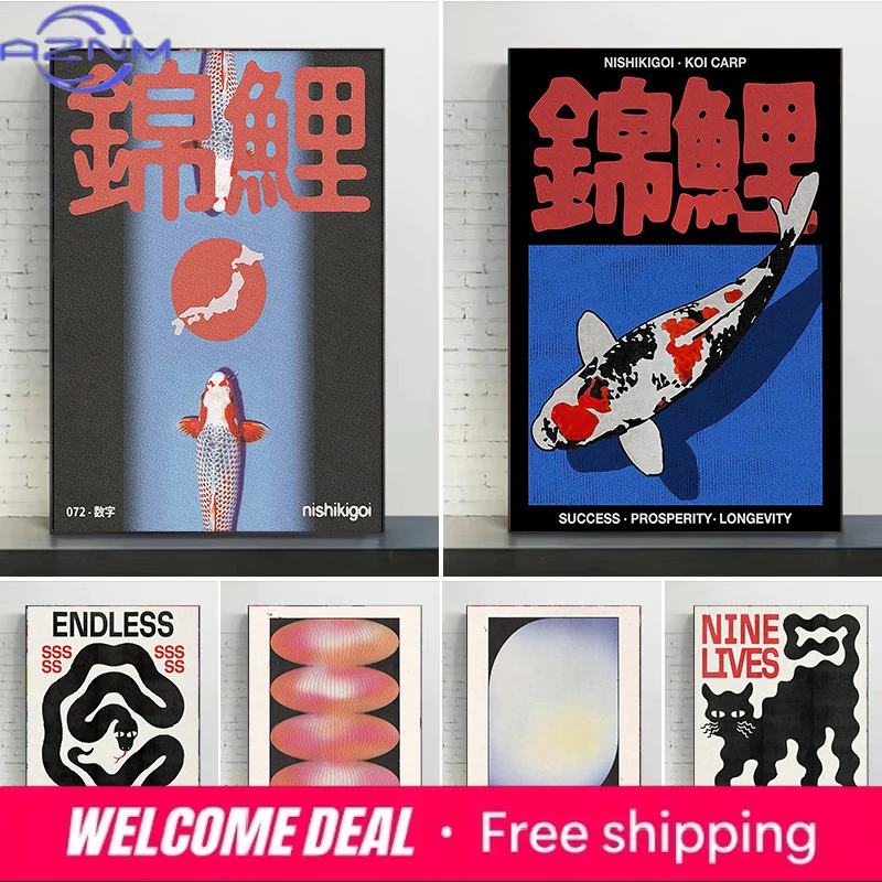 

AZNM Vintage Japanese Koi Carp & Abstract Canvas Wall Art, Single Unframed Print, Retro Typography Illustration Poster For Home