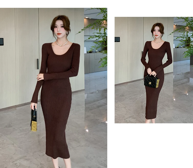 Langes Strickkleid für Damen 2026 Herbst Winter Neuerscheinung Langes Kleid mit Trompetenärmeln und V-Ausschnitt Koreanischer Stil Modisches Damenkleid – Detail 24
