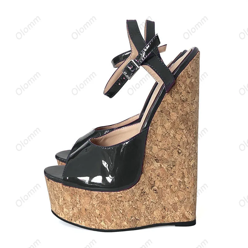 

Olomm Женские блестящие босоножки на платформе ручной работы из пробки на танкетке, на высоком каблуке с открытым носком, красивые фиолетовые туфли для вечеринок, женские американские большие размеры 5-15