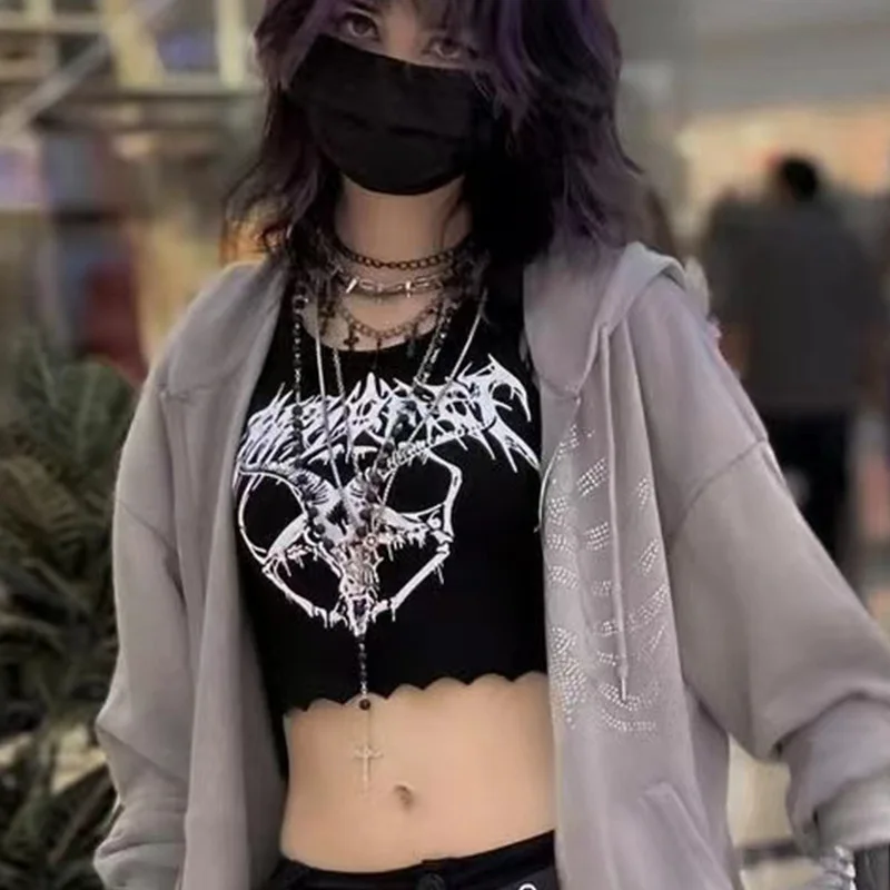 Gothic Knitted Punk Black Tank Tops Mall Goth Grunge Goat Print Harajuku Women Crop Tops Skinny Sleeveless Streetwear