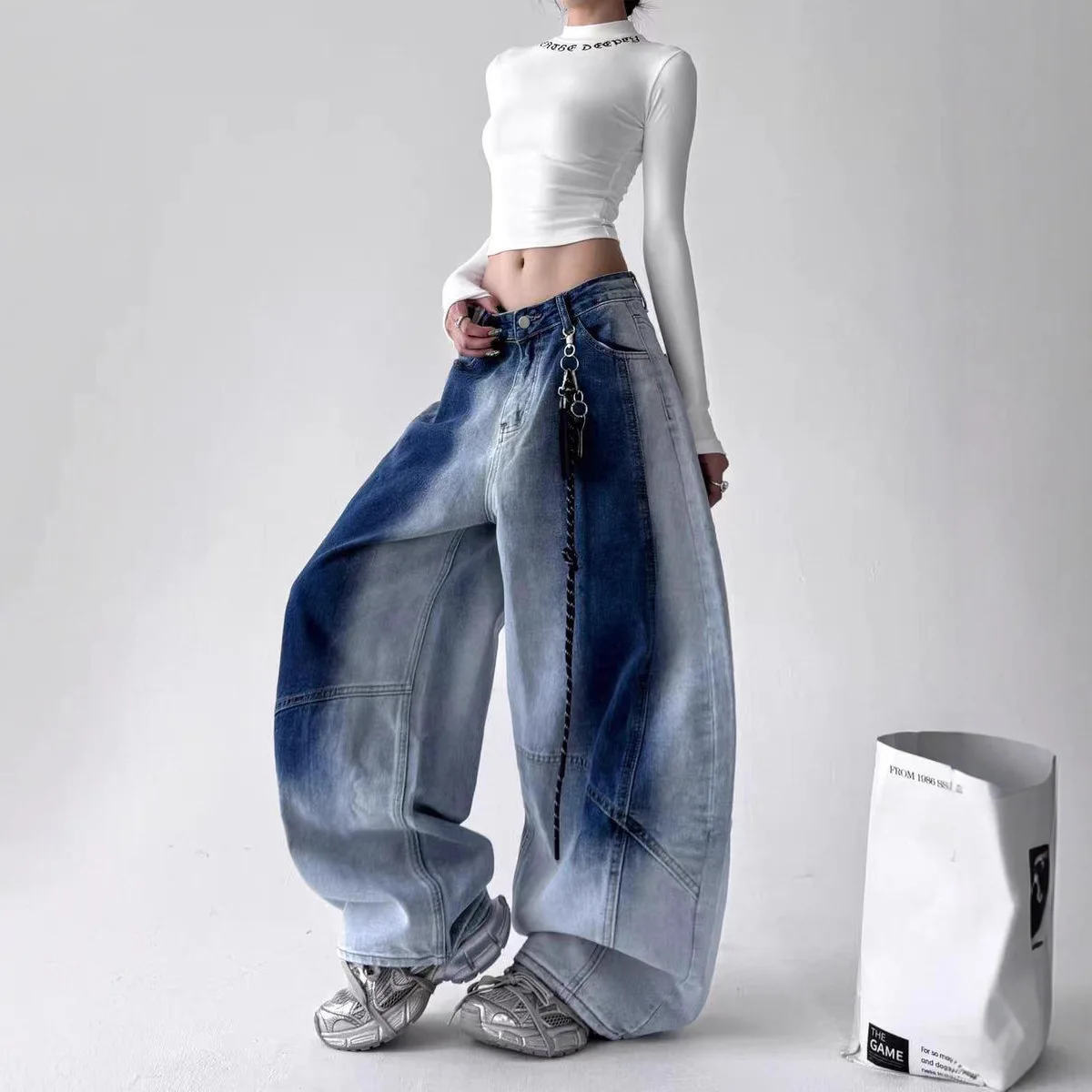 

Vintage Street Washed Jeans For Women Loose Wide-Leg Slimming Versatile Hip-Hop Gradient Jazz Scimitar Pants