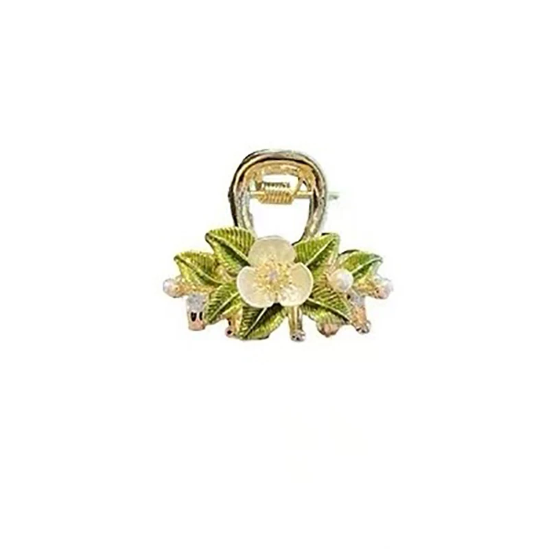 Temperament Green Leaf Shell Flower Small Hair Grab High-end Back of Head Half-tied Hair Claw Alloy Female Pearl Headdress view 6