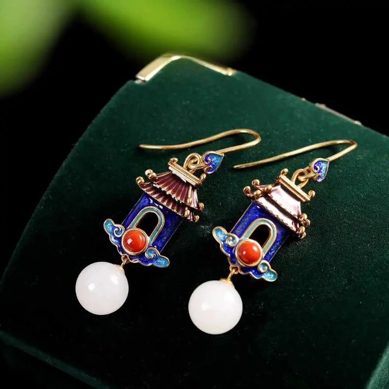 Exquisite and luxurious court-shaped earrings for women retro style Hetian jade enamel porcelain craft Hanfu jewelry