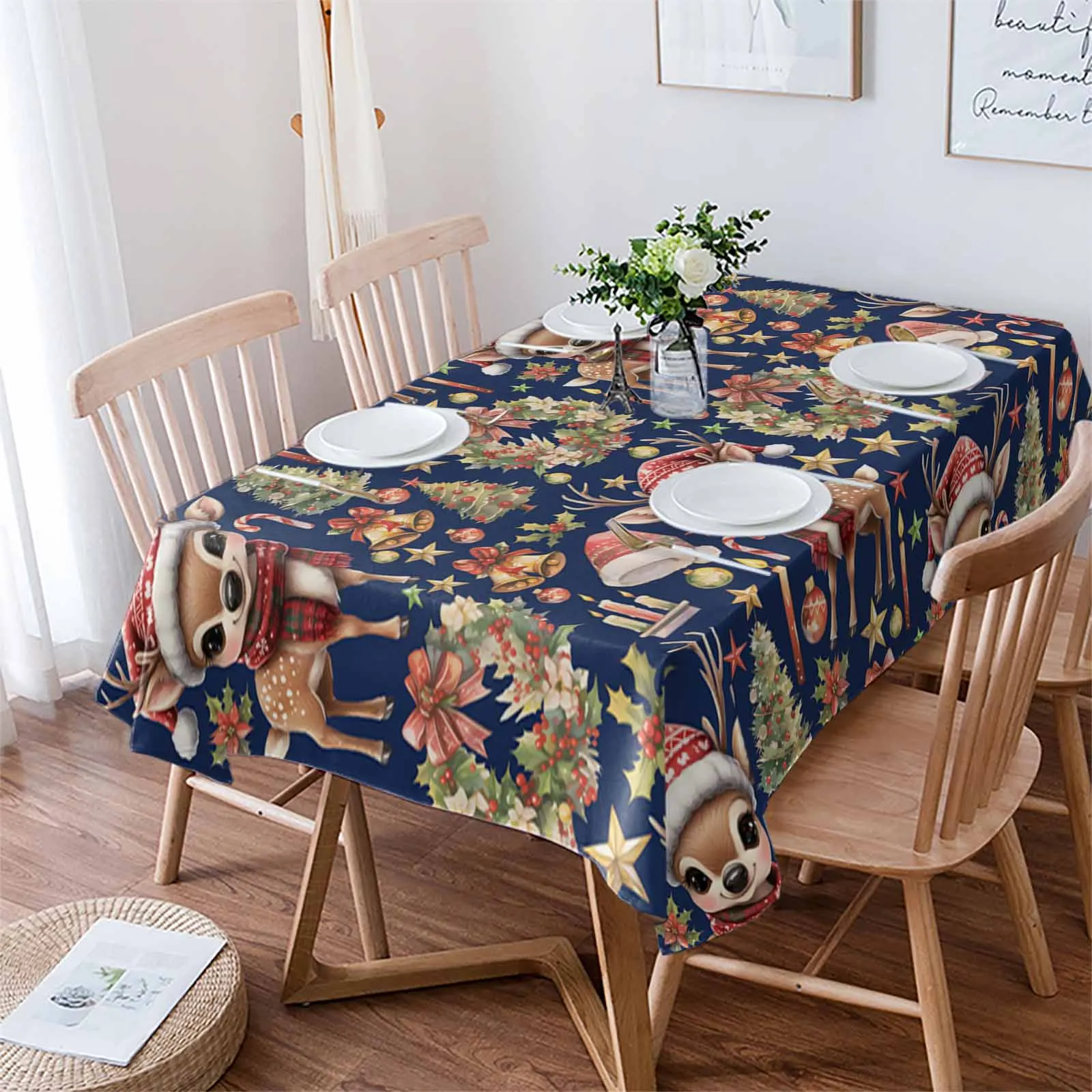 Christmas Winter Deer Wreath Bell Tablecloths Waterproof Kitchen Coffee Table For Living Room Home Decor Dining Table