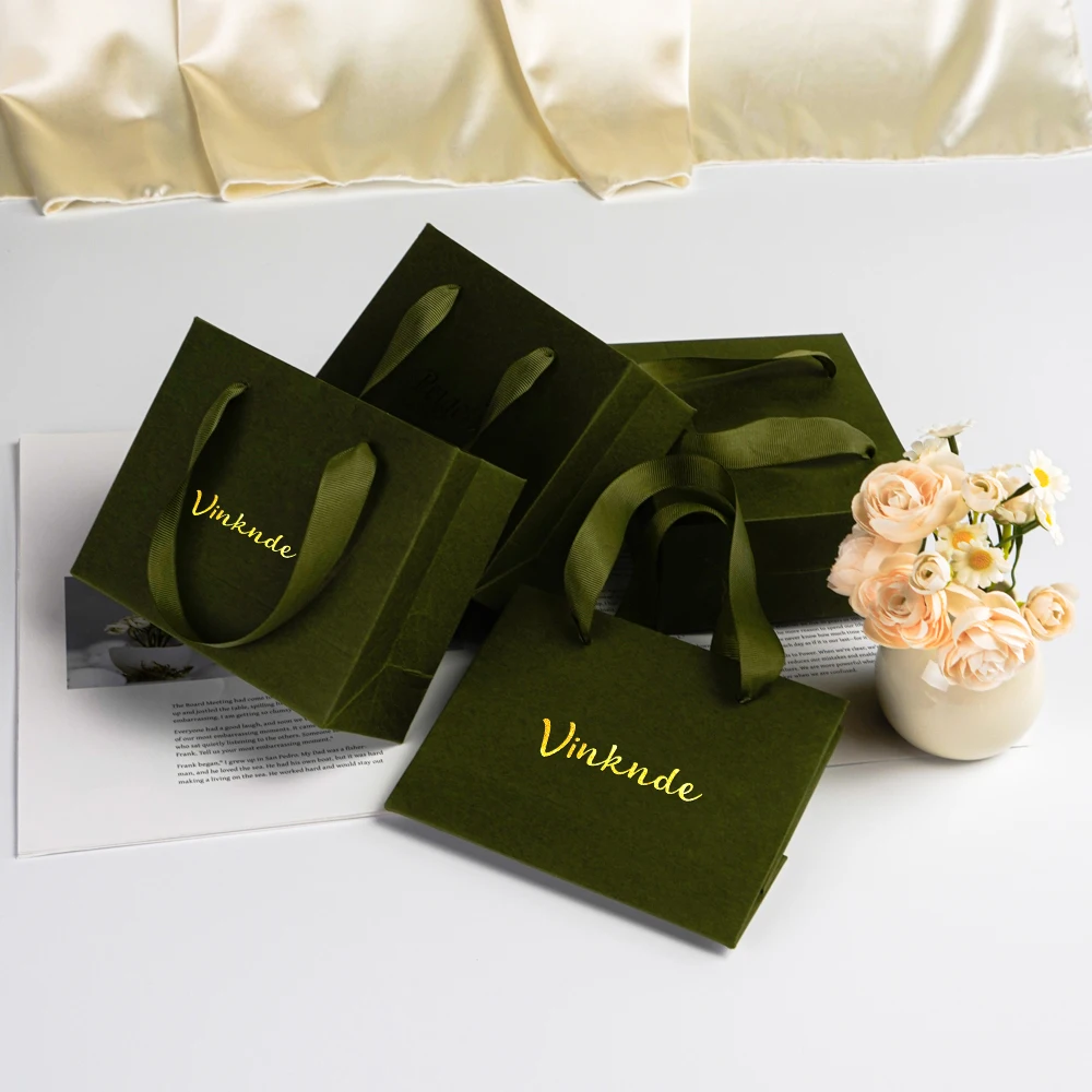 

Customized Olive Green Shopping Packaging Bag Paper Tote Bags Baby Shower Wedding Gift Candy Flowers Jewelry Perfume Candle Box