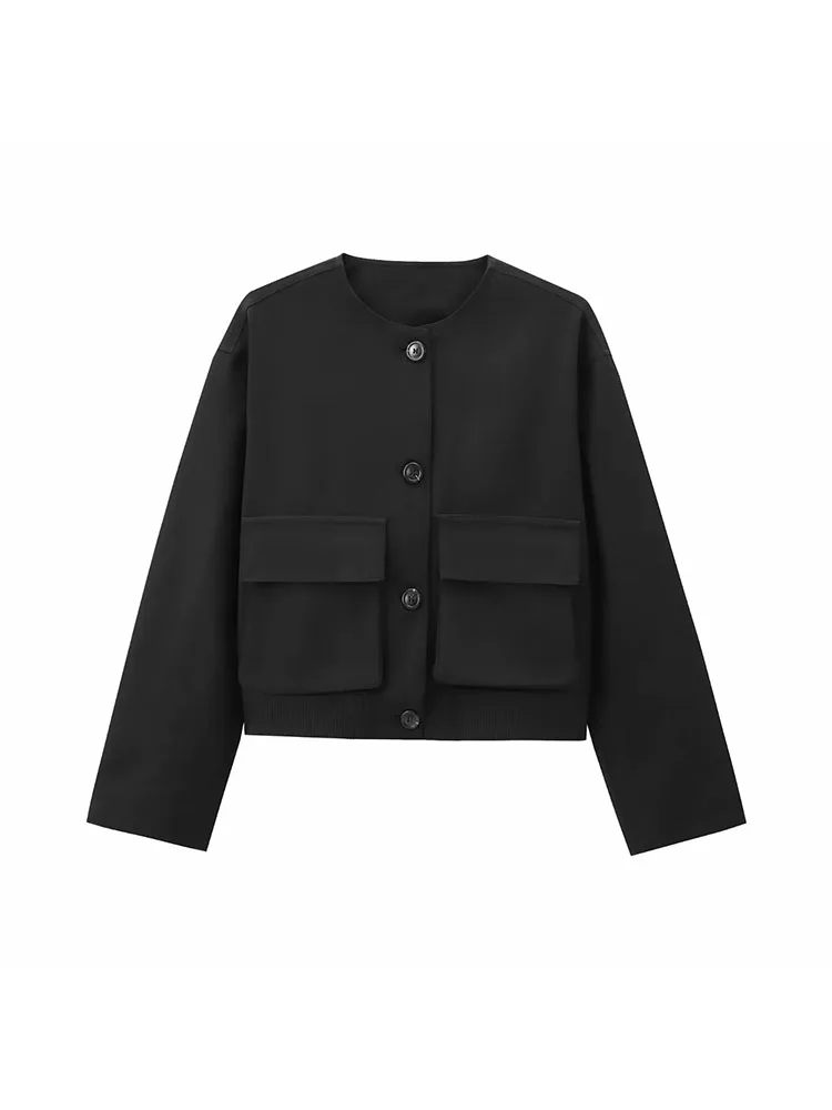 

Women 2025 Autumn Casual Solid Jackets Loose Single Breasted Coat Pockets O-Neck Warm Fashion Female Jackets