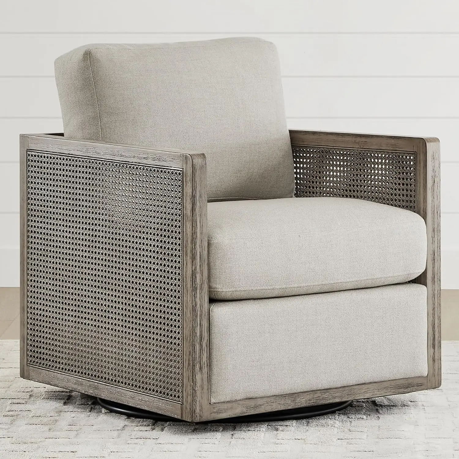 Swivel Accent Chair, Rattan Arm Chair for Living Room and Bedroom, Light Grey Fabric with Grey Frame