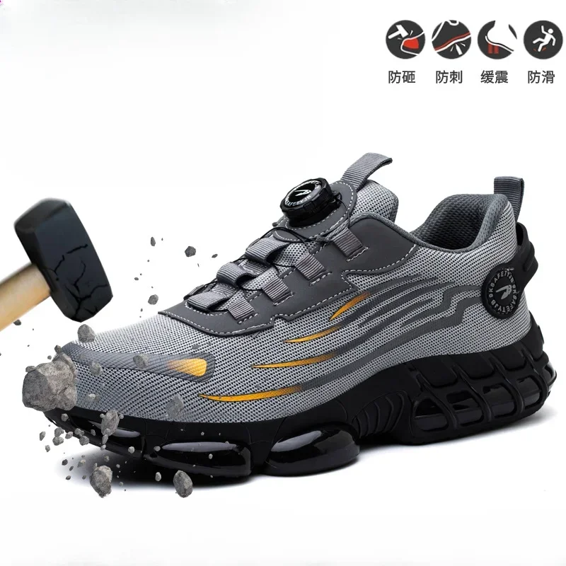 

DurableFour Seasons Labor Insurance Shoes Men's Breathable Safety Shoes, Button Elastic Shoelaces Lazy One Pedal Work Shoes