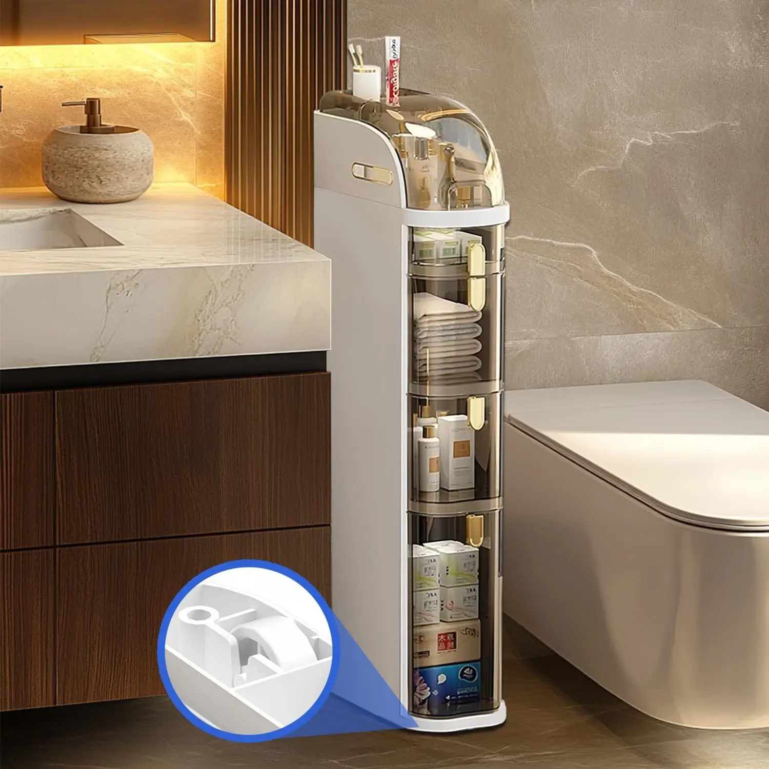 

Slim Bathroom Storage Cabinet, Narrow Rolling Storage Cart with Drawers, Waterproof Bathroom Floor Cabinet, Plastic Organizer