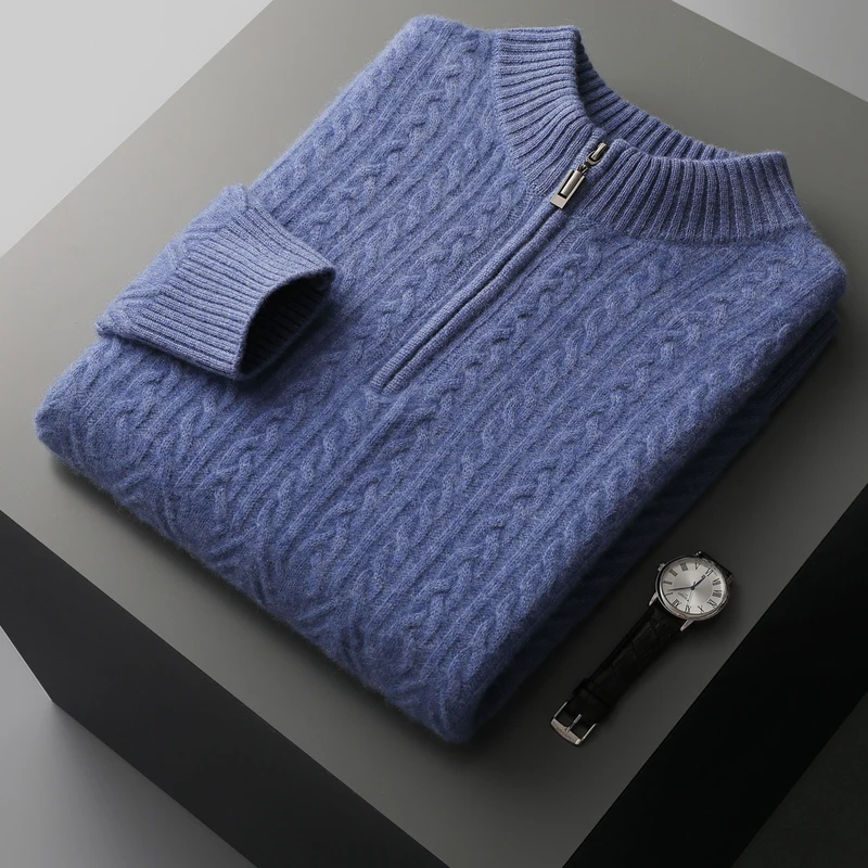 

100% Cashmere Men's Sweater Half body Zipper Twisted Flower Thickened Warm Sweater Solid Color Pullover Knitted Top Basic Style