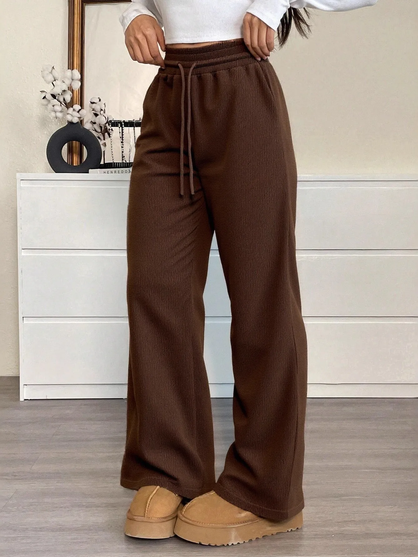 

Свободные брюки прямого кроя с завязками на талии для женщин, повседневные брюки с высокой талией из ПВХ для женщин среднего возраста