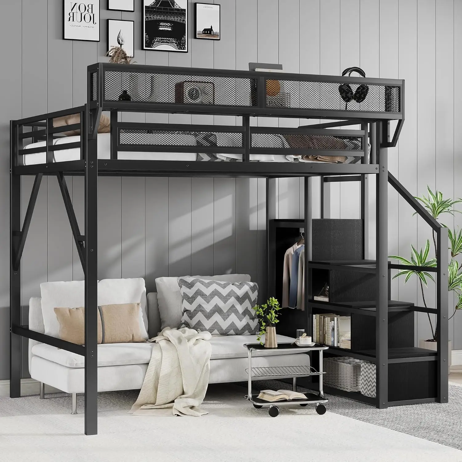 

Full Size Loft Bed with Stairs, Metal Full Loft Bed with Storage Shelves, High Loft Bed with Wardrobe for Kid Teens Adults